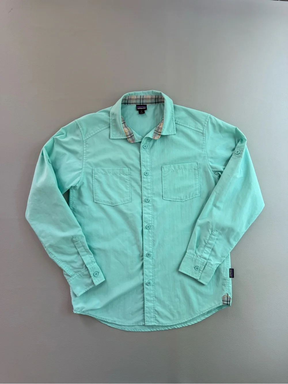 Patagonia Kids Long Sleeved Button Up Rio North Shirt Bend Blue Boys XL - Stains